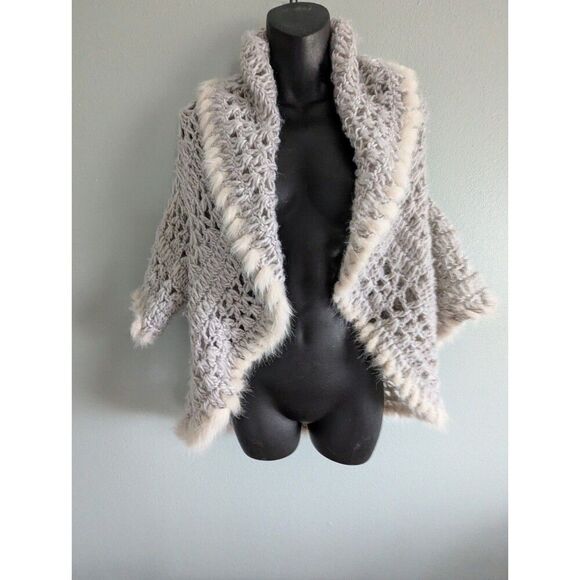 Grey Crochet Rabbit Fur Trim Wool Blend Open Knit Cardigan S/M Festival - Picture 2 of 6